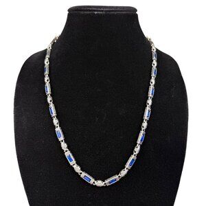 Sterling Silver Unisex Blue Gemstone Link Necklace Handmade Detailed Vintage Sty